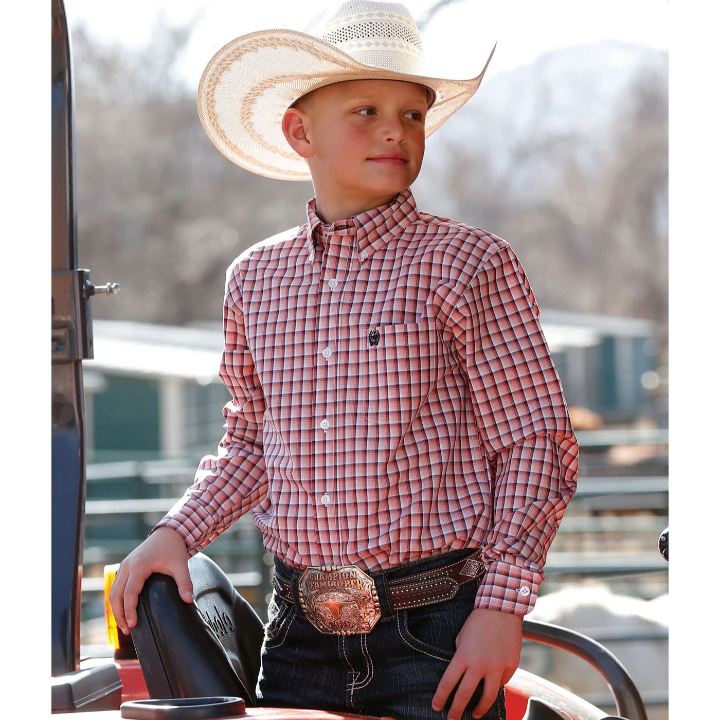 Cinch® Children's Pink Long Sleeve Plaid Button Down Shirt MTW7060274 3 Cinch® Children's Pink Long Sleeve Plaid Button Down Shirt MTW7060274