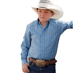 Cinch® Boy's Blue Geometric Patterned Button Down Shirt MTW7060308