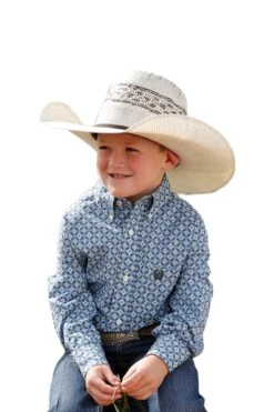 Cinch® Boy's Geometric Patterned Light Blue Buttoned Down Shirt MTW7060307