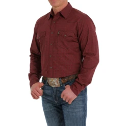 Cinch Men's Geometric Print Burgundy Button Down Shirt MTW1303065